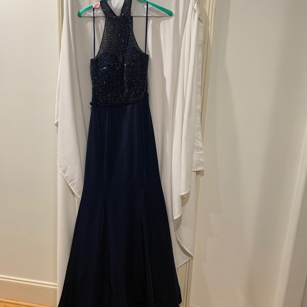 Navy sequins halter top gown